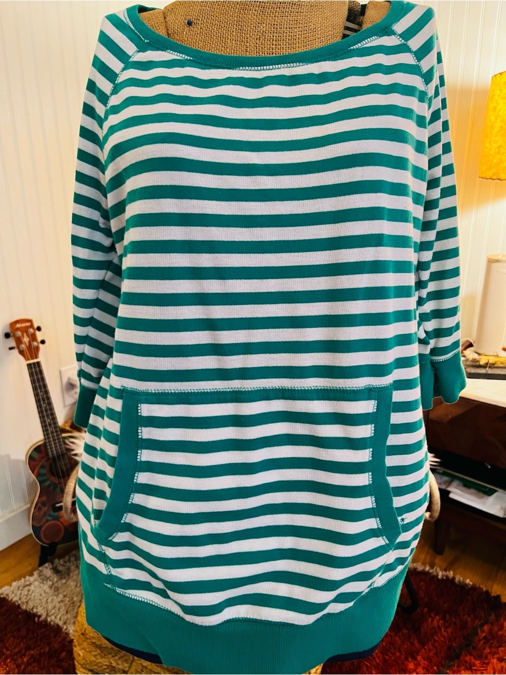 Striped Green & White Pocket Sweatshirt Tunic - Women